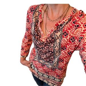 LUCKY BRAND Hippie Boho Long Sleeve Split V Tunic Top size Large; red navy cream